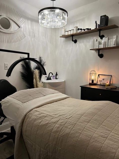 Classy Salon Suite, Boho Theme Lash Room, Classy Esthetician Room, Esthetician Bathroom, Dark Moody Esthetician Room, Black Spa Decor, Salon Suite Decor Esthetician, Esthetician Suite Decor Ideas, Lash Tech Room Ideas In Bedroom