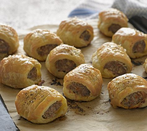 Recipes include salt 'n' peppered sausage rolls. The perfect picnic or party food, sausage rolls are incredibly easy to make, especially when using bought puff pastry. British Baking Show Recipes, British Bake Off Recipes, Bake Off Recipes, Sausage Rolls Recipe, Savory Pastry, British Bake Off, British Baking, Great British Bake Off, Sausage Rolls