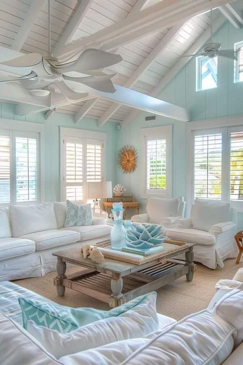 Sea Glass Inspired Living Room, Small Beach House Interior, Beach Cottage Style Living Room, Lakehouse Living Room, Beach Cottage Ideas, Cottage Style Living Room, Living Room Coastal, Small Beach Houses, Coastal Decorating Living Room