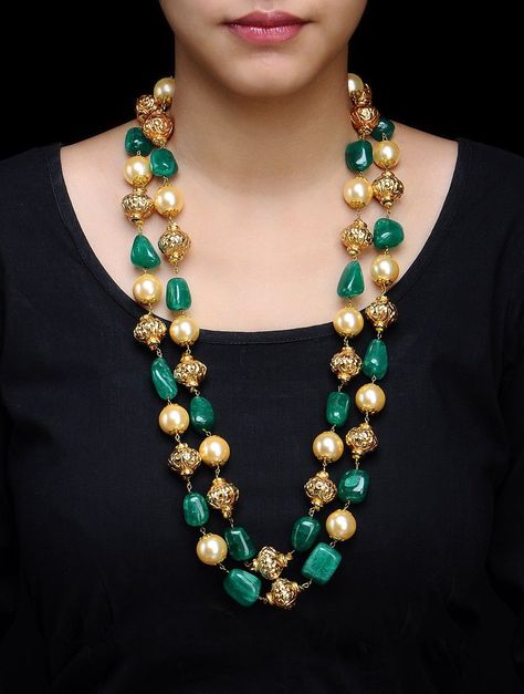 Buy Golden Ivory Green Double Chain Carved Metal Beads Pearl Shell Necklace Alloy Semi Precious Stone Online at Jaypore.com Precious Stones Jewelry, Semi Precious Stone Jewelry, Floating Diamond Necklace, Ethno Style, Pearl Necklace Designs, Beaded Necklace Designs, Beaded Jewels, Wedding Jewellery Collection, Gold Jewellery Design Necklaces