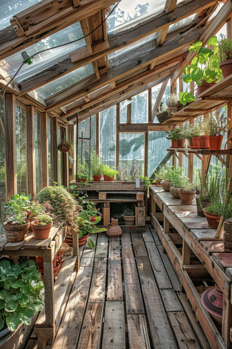 30 Greenhouse Ideas: Creative Designs for Your Home Garden Rustic Garden Design Ideas, Garden Craft Room, Log Greenhouse, Reclaimed Window Greenhouse, Hot House Greenhouse, Green House Interior Ideas, Stylish Greenhouse, Inside Greenhouse Ideas, Recycled Greenhouse