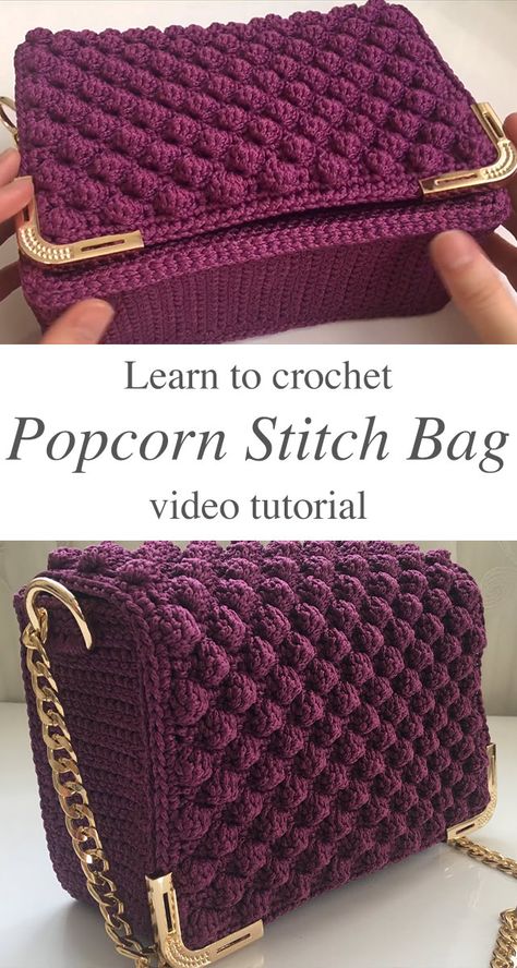 How To Crochet Popcorn Stitch Bag | CrochetBeja Crochet Popcorn Stitch, Popcorn Stitch Crochet, Clover Crochet, Crochet Popcorn, Blocking Mats, Stitch Bag, Popcorn Stitch, Handheld Steamer, Lock Ring