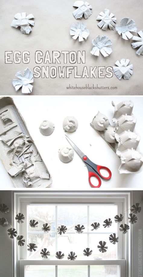 Simple Egg Carton Snowflakes! perfect indoor winter activity and fun for kids to make Egg Carton Christmas Ornaments, Egg Carton Crafts For Kids Christmas, Christmas Egg Carton Crafts, Egg Carton Christmas Crafts, Egg Carton Christmas, Egg Carton Crafts For Kids, Inexpensive Artwork, Egg Carton Art, Black Shutters