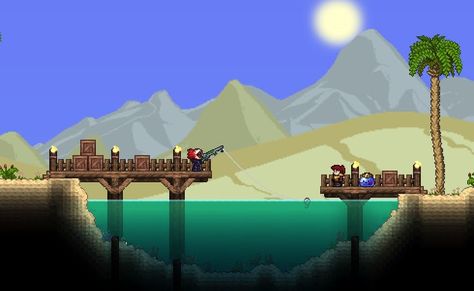 Terraria Angler House, Terraria Fishing Hut, Terraria Fishing Pond, Terraria Nurse House, Terraria Fishing House, Terraria Ship, Terraria Arena Ideas, Terraria Desert House, Terraria Bridge