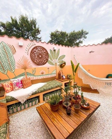 Bright Decor, Home Design Diy, Patio Makeover, Outdoor Furniture Cushions, Mural Wall Art, Outdoor Oasis, Outdoor Design, Patio Design, Bohemian Decor