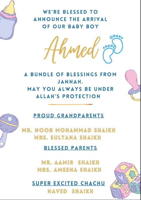 We are blessed with a baby boy, alhamdulillah. We sat and came up with this absolute cute idea of a baby announcement card. Here is to y’all a pretty cute idea of a baby boy announcement x Alhamdulillah Its A Baby Girl, Baby Name Announcement Template, Its A Boy Announcement Quotes, Its A Girl Announcement Quotes, Its A Boy Template, Blessed With Baby Boy Quotes, Alhamdulillah Its A Baby Boy, Newborn Announcement Cards, Its A Boy Announcement Template