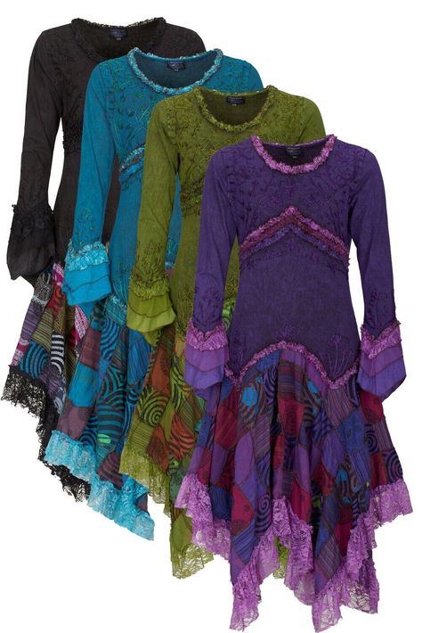 Long boho style dress with patchwork skirt Special? This awesome dress is much more than merely 'special'! It's a divine, enticing design created to flatter the figure and create drama. It's bewitching, classy and elegant. And it's available in a choice of four colours: mesmerising teal, emerald green, mysterious black and wicked purple. Our long boho style dress with floaty patchwork skirt is quite simply sublime. Comfortable stretchy cotton material, beautifully embroidered with lace detail, multicoloured patchwork skirt S/M - chest 34" - 38", waist 34", hips 40", length 50" (approx fit 8 - 12) L/XL - chest 40" - 44", waist 38", hips 44", length 51" (approx fit 14 - 18) XXL - chest 44" - 48", waist 42", hips 48", length 51" (approx fit 18 - 22) The overdying method of this fabric gives a Purple Fairy Outfit, Handfasting Dress, Dragon Clothing, Pagan Fashion, Pagan Clothing, Ghost Bride, Alternative Dress, Recycled Dress, Joe Brown