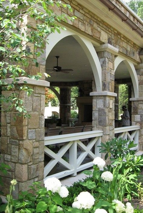 Exterior Brackets, Front Porch Stone, Wood Railing, Porch Railing, Front Porch Decorating, Porch Design, Decks And Porches, Architectural Details, Screened Porch