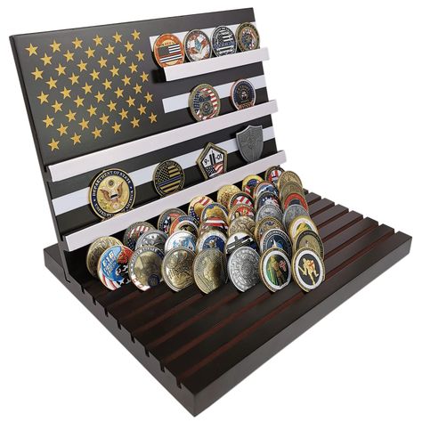 PRICES MAY VARY. ➤Have Challenge Coins laying around your home? We present to you our Challenge Coin Holder to display your special collection at your home or office. ➤Beautifully crafted 11 Row American Flag Design Challenge Coin Display Holder will be an eye-catching item in any interior: the 8-rows bottom board sits flat and the other board is obliquely inserted into the bottom board to apply a better display of your favorite coins on its 3 rows slots. ➤This challenge coin rack can hold betwe Coin Holder Military, Coin Display Stand, Domino Table, Challenge Coin Holder, Military Challenge Coins, Challenge Coin Display, Custom Coins, Laser Projects, American Flag Design