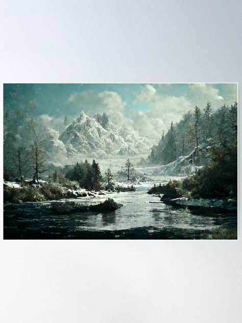 "Painting of Skyrim - Cold Winter Morning II Home of Frost Trolls | Skyrim Elder Scrolls | Mountains, Happy trees, River - Inspired by Bob Ross Style" Poster for Sale by Million-Clouds | Redbubble Skyrim Painting, Skyrim Orc, Skyrim Elder Scrolls, Skyrim Wallpaper, Skyrim Dragon, Cold Winter Morning, Castle On The Hill, Office Paint, Winter Morning