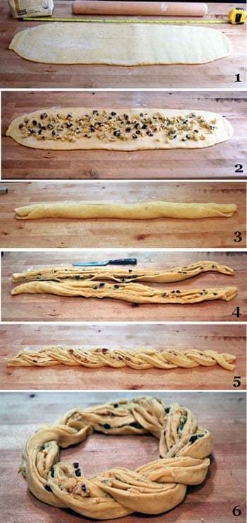 Yule Bread, Breakfast Bread Ideas, Breakfast Wreath, Wreath Bread, Bread Tutorial, Braided Wreath, Almond Breakfast, Bread Wreath, Almond Filling