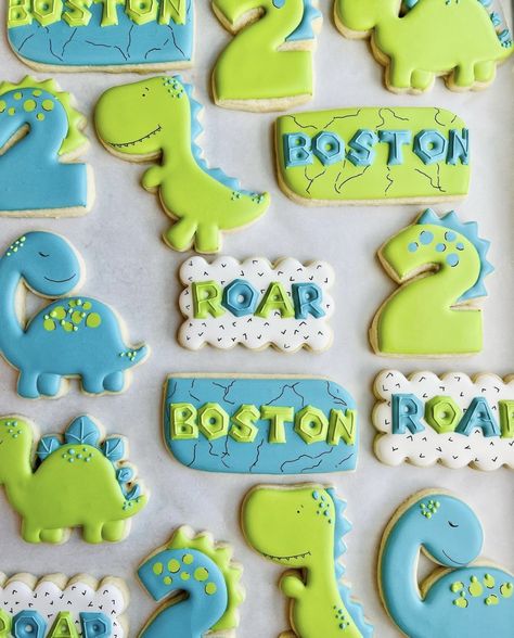 Dinosaur Cookies Royal Icing, Dinosaur Cookies Decorated, Dinosaur Birthday Cookies, Birthday Cookies Decorated, Dino Theme, Cookies Royal Icing, Dinosaur Cookies, Bear Cookies, Animal Cookies