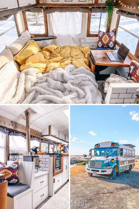 This Skoolie (School Bus Conversion), Little Gus The Bus, oozes stylish design and picturesque features. Bus Living Aesthetic, School Bus House Ideas, Small Skoolie Conversion, Skoolie Bedroom Ideas, Short Bus Conversion Layout, School Bus Living, School Bus Conversion Interiors, School Bus Renovation, Renovated School Bus