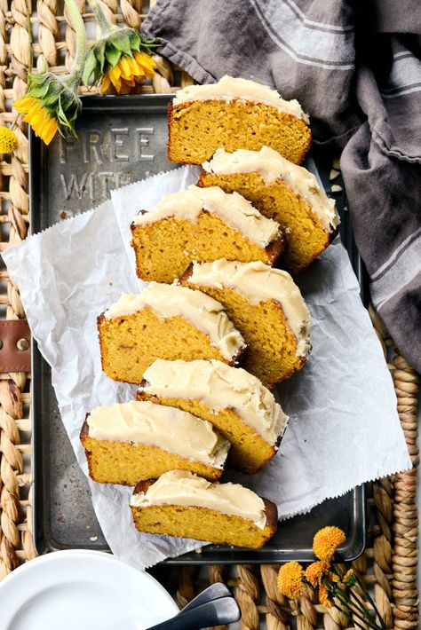 Ginger Pumpkin Bread with Maple Brown Butter Icing -SimplyScratch.com #ginger #pumpkin #bread #quickbread #sweetbread #simplyscratch #maple #brownbutter #icing #fall #baking Brown Butter Icing, Autumn Desserts, Quick Bread Recipes Easy, Pumpkin Loaf, Maple Brown, Butter Icing, Pastry Pie, Vanilla Chai, Healthier Food