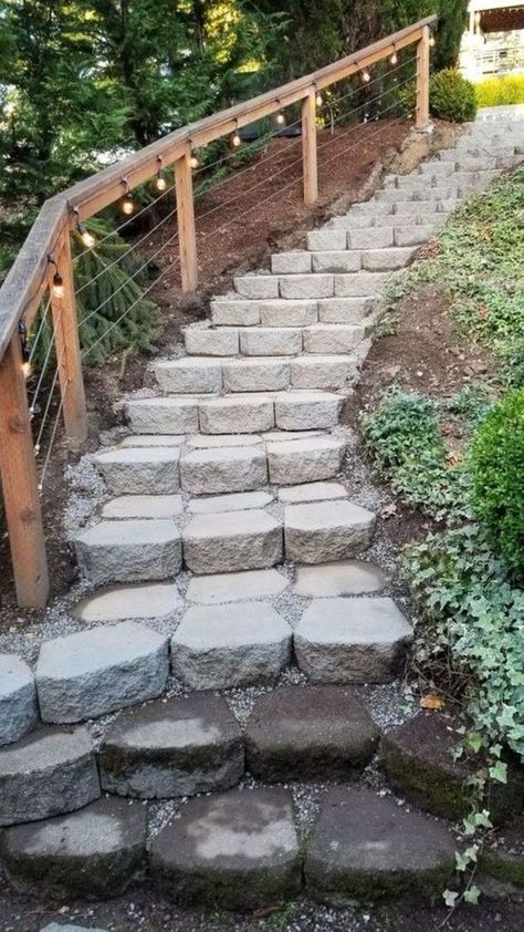 Discover 25 stunning garden stairs ideas to elevate your outdoor space. Explore creative designs for outdoor stairs and steps that seamlessly integrate into your garden. Retaining Wall Steps Ideas, Pergola Over Stairs, Sloped Stairs Backyards, Cheap Outdoor Stairs Ideas, Build Garden Steps, Steep Pathway Ideas, Backyard With Stairs, Diy Hill Steps, Cabin Stairs Outdoor