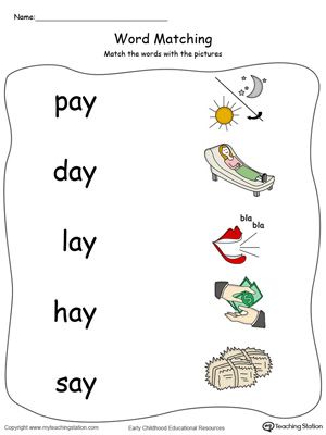 Provide your child with experience in identifying words ending in –AY by matching the words with each picture. Ay Phonics Worksheet, Ay Words Worksheet, Ay Word Family, Ag Word Family, I Sound Words, At Word Family, Esl Phonics, Subitizing Cards, Kindergarten Goals