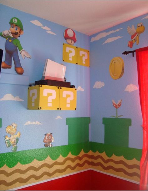 Super Mario Bros Bedroom. I want to do this to Gavin's bedroom Super Mario Bros Bedroom, Mario Bros Bedroom, Mario Bros Room, Nintendo Room, Super Mario Room, Deco Gamer, Mario Room, Brothers Room, Super Mario Birthday