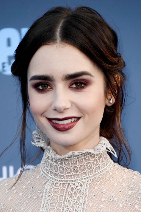 Vamp Makeup, Burgundy Shades, Vampy Makeup, Vampire Makeup, Celebrity Makeup Looks, Winter Makeup, Lily Collins, Celebrity Makeup, Artistry Makeup