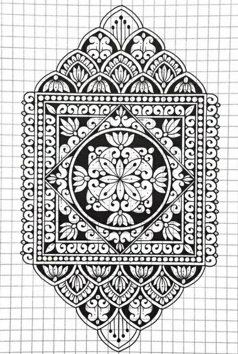 Mandala Art On Graph Paper, Mandala On Grid Paper, Grid Mandala Art, Graph Paper Art Design Pattern Ideas, Grid Paper Art, Grid Mandala, Mandala Pattern Design, Graph Paper Designs, Doodle Art Flowers