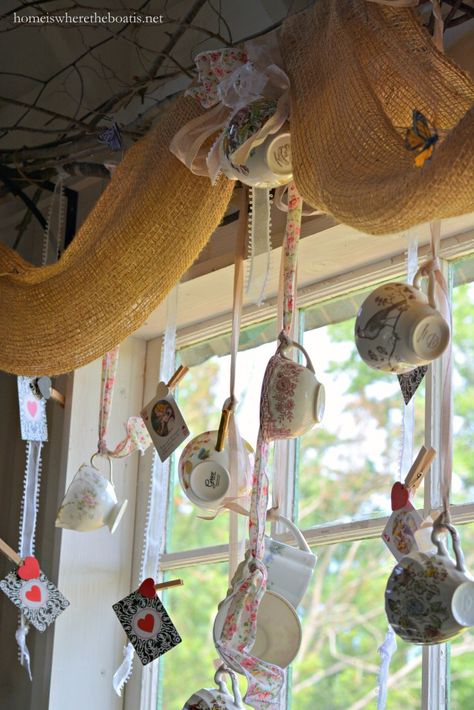 Hanging Teacups, Tea Room Decor, Diy Tea Party, Cup Display, Twisted Tales, Wonderland Decorations, Mad Tea Parties, Alice In Wonderland Tea Party Birthday, Teacup Crafts