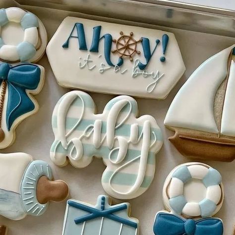 BRILLIANT COOKIERS 🍪 on Instagram: "Design by @cakemockery #brilliantcookiers #cookier #cookielovers #decoratedcookies #cookie #cookieart #sugarcookies #babycookies" Sailor Baby Shower Theme, Nautical Baby Shower Boy, Baby Boy Cookies, Cookie Recipes Decorating, Monogram Cookies, Beach Baby Showers, Ahoy Its A Boy, Baby Shower Cakes For Boys, Summer Baby Shower