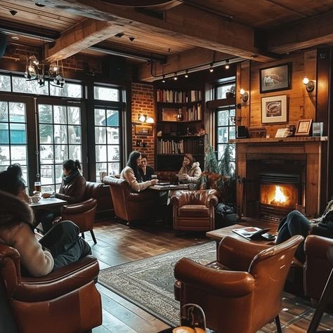 This inviting library lounge beckons with its warm, golden glow from a crackling fireplace and soft lighting. Leathered chairs offer comfortable seating for patrons immersed in their books or engaged in quiet conversation. Shelves filled with an assortment of literature line the walls, while the rich wooden decor exudes an old-world charm that invites visitors to unwind and lose track of time in the tranquility of this intellectual haven. Speakeasy Library, Bookstore Decoration, English Lounge, Library Seating Area, Book Lounge, Reading Lounge, Fat Squirrel, Rustic Coffee Shop, Library Lounge