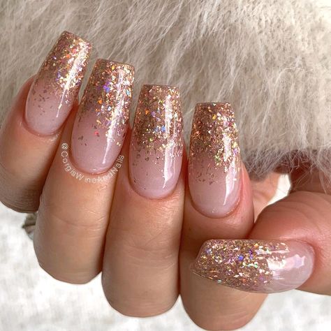 Tan And Glitter Nails, Gold Glitter Nails Acrylic, Pink And Gold Glitter Nails, Nude And Rose Gold Nails, Gold Ombre Nails, Virgo Dates, Pink Gold Nails, Gold Sparkle Nails, Clear Glitter Nails