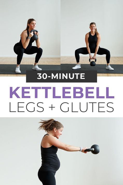 Build STRONG, sculpted lower body muscles with this challenging kettlebell leg day workout! From kettlebell swings to sumo squats and lunges, this kettlebell workout hits every muscle in the lower body in under 30 minutes. This strength focused lower body workout is naturally low impact, making it a great pregnancy workout. These are the 8 BEST kettlebell leg exercises! From squats to swings, this kettlebell workout builds strength in the big, power-generating muscles in your lower body. Kettlebell Workout Legs Glutes, Kettlebell Step Ups, Kettlebell Hip Workout, Leg Day Kettlebell Workout, Kettle Ball Leg Workout, Leg Exercises With Kettlebell, Leg Lunges Workout, 30 Minute Kettlebell Workout, Kettlebell Workout Buttworkout