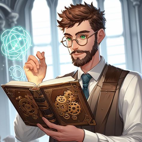 Magic Engineer Fantasy Art, Fantasy Scholar, Professor Character Design, Artificer Dnd Male Human, Dnd Alchemist Character Art, Urban Fantasy Wizard, Gnome Artificer Male, Fantasy Wizard, Dragon Rider