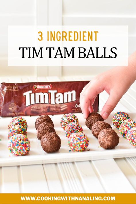 Tim Tam Balls on tray Homemade Tim Tams, Tim Tam Slice Recipes, Tim Tams Recipe, Timtam Balls 3 Ingredients, Tim Tam Balls, Twin Bing Recipe, Christmas Balls Dessert, Choc Truffles, Tim Tam Cheesecake