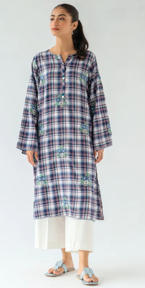 Check Kurta Designs Women, Casual Printed Kurta Tunic, Multicolor Printed Tunic Kurta, Blue Printed Kurta Tunic, Blue Floral Print Tunic Kurta, Check Tunic, Kurta Designs Women, Kurta Designs, Desi