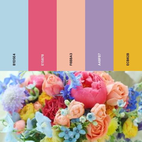 Love In Bloom Color Palette, Lavender Pink Yellow Color Schemes, Create Wedding Color Palette, Yellow Pink Purple Wedding, Summer Wildflower Color Palette, Summer Wedding Color Palette Bright, March Wedding Palette, Pink Purple Blue Yellow Color Palette, Bright Spring Color Palette Wedding