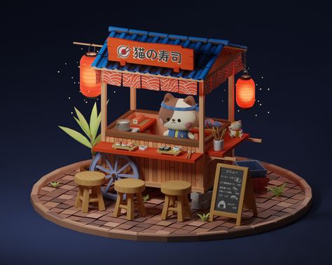 Ramen Shop Concept Art, Chibi Kimono, Sushi Store, Sushi Cafe, Chinese Cafe, Asian Cafe, Japan Street Food, Street Food Design, Sushi Shop