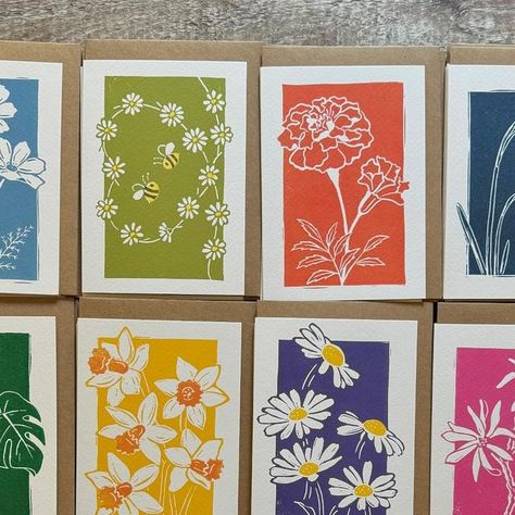 Grace Wong on Instagram: "Botanical art cards for my lovely stockist @vicky_wickwire ☀️❤️🌼  Thank you for your continued support 🥰   #wholesalecards #wholesaleuk #greetingcardsforsale #papergoods #botanicalart #botanicalinspired #floralcards #floralinspiration #botanicalcards #artcards #linocut #linocutart #loveprints #shopsmalluk #sheffieldmakers #gracewongart" Wedding Linocut, Lino Printing, Linocut Art, Art Cards, Lino Print, Floral Cards, Table Numbers, Botanical Art, Linocut