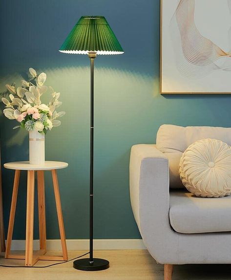 Japandi Living Room Design, Simple Floor Lamp, Japandi Living Room, Tall Lamp, Green Lamp Shade, Japandi Living, Green Lamp, Gold Floor Lamp, Tall Lamps