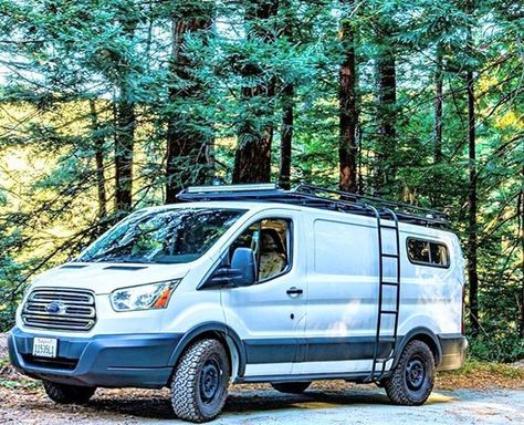 Low roof Ford Transit with an Aluminess roof rack and ladder Ford Transit Roof Rack, Off Road Bumpers, Adventure Van, Ford Transit Custom, Winch Bumpers, Roof Racks, Camper Vans, Adventure Gear, Ford Transit