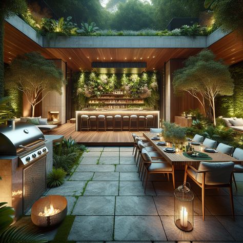 Experience luxury outdoors with this bachelor's patio, featuring a modern BBQ pit, polished dining set, outdoor bar, and comfy fire pit area amidst lush greenery. #OutdoorLiving #PatioDesign #BBQpit #OutdoorDining #LuxuryLiving #BachelorPad Outdoor Luxury, Rooftop Terrace Design, Outdoor Patios, Outdoor Grills, Outdoor Dining Room, Modern Landscape Design, Outdoor Living Decor, Fire Pit Area, Modern Landscape