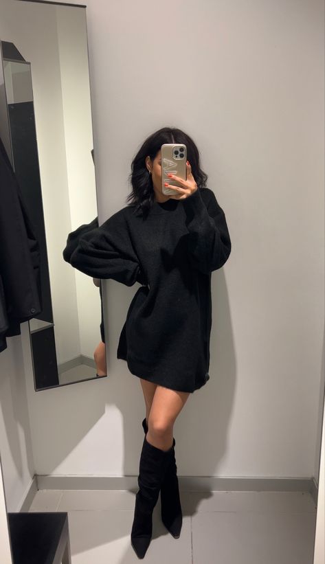 Jumper Dress And Boots Outfit, Crewneck Dress Outfit, Short Winter Dress Outfit, Black Tights Sweater Dress, Over Sized Sweater Dress Outfit, Black Boot Dress Outfit, Sweater Dress With Jacket Outfit, Loose Sweater Dress Outfit, Black Sweater Dress With Belt