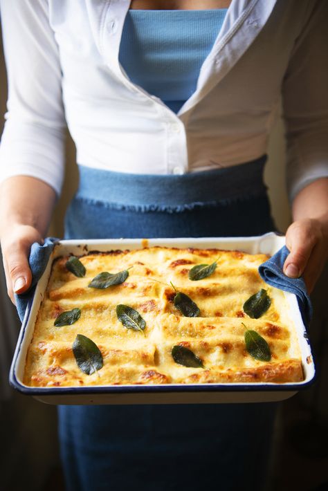 Pumpkin and spinach cannelloni with cheesy… | Food and Travel Magazine Spinach Cannelloni, Cheesy Food, Simple Layers, Mustard Powder, Travel Magazine, Gruyere Cheese, Food And Travel, Spinach Leaves, Butternut Squash