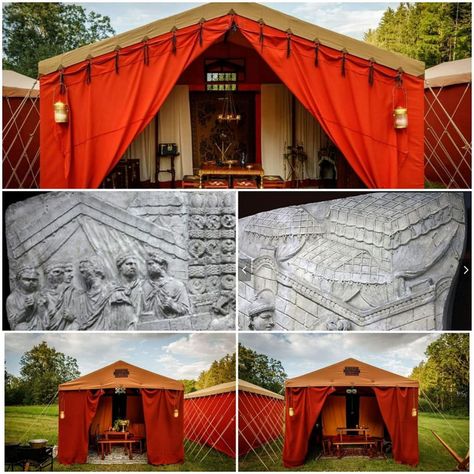 Reconstruction of the Roman command tent, made by Familia Poppaea, based on reliefs from Trajan’s columns.According to many sources, centurions had larger tents than ordinary soldiers and certainly of a better standard. The tent was also certainly taller so that the officers could stand in the tent. Sca Camping, Trajan's Column, Castle Floor Plan, Pax Romana, Sca Garb, Large Tent, Greek House, Roman Soldiers, Julius Caesar