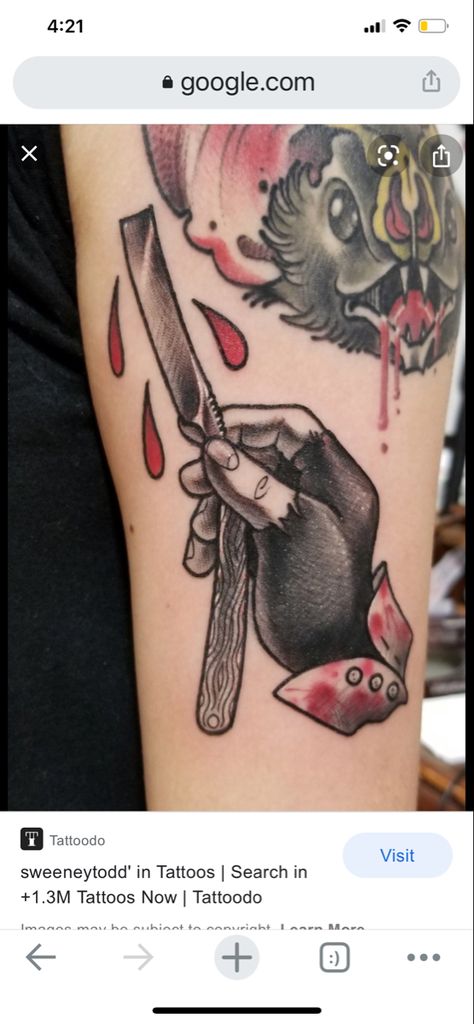 Pretty Horror Tattoo, Horror Themes Tattoos, Sweeny Todd Tattoos, Sweeney Todd Tattoo, Horror Movie Patchwork Tattoo, Horror Movie Leg Tattoos, Horror Movie Forearm Tattoo, Traditional Tattoo Stencils, Tim Burton Tattoo