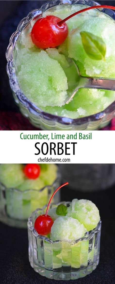 Cucumber, Lime and Basil Sorbet Recipe | ChefDeHome.com Basil Sorbet Recipe, Basil Sorbet, Vegan Sorbet, Granitas, Sorbet Recipe, Sorbet Ice Cream, Sorbet Recipes, Cold Treats, Vegan Ice Cream