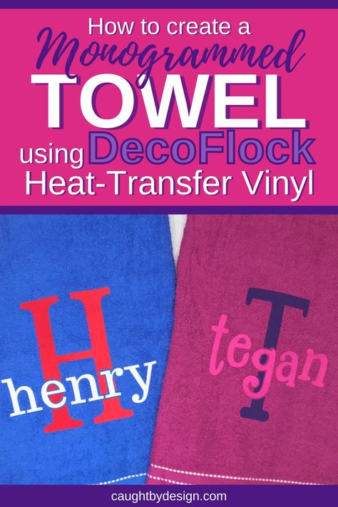 Flocked heat transfer vinyl has a velvet-like texture that makes it a perfect choice for soft items such as sweatshirts or bath towels. In this tutorial, you’ll learn how to personalize a beach towel with a name and monogram and apply DecoFlock HTV like a pro! Htv On Towels, Cricut Beach Towel, Towel Monogram Ideas, Beach Towel Monogram Ideas, Circuit Maker, Cricut Htv, Monogrammed Bath Towels, Heat Transfer Vinyl Projects, Varsity Cheer