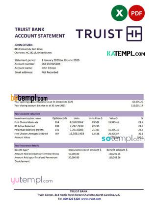 USA Truist Bank statement template in .xls and .pdf file format Bank Statement Template Pdf, Check Stubs, Excuse Letter, Doctors Note, Love Wallpaper Backgrounds, Statement Template, Lease Agreement, Credit Card Statement, Bank Statement