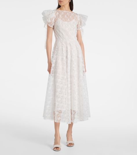 Floral silk lace midi dress in white - Rodarte | Mytheresa Silk Summer Dress, Midi Wrap Dress, Silk Lace, Silk Midi Dress, Satin Midi Dress, Green Midi Dress, Lace Midi, Ruffled Sleeves, Satin Slip Dress