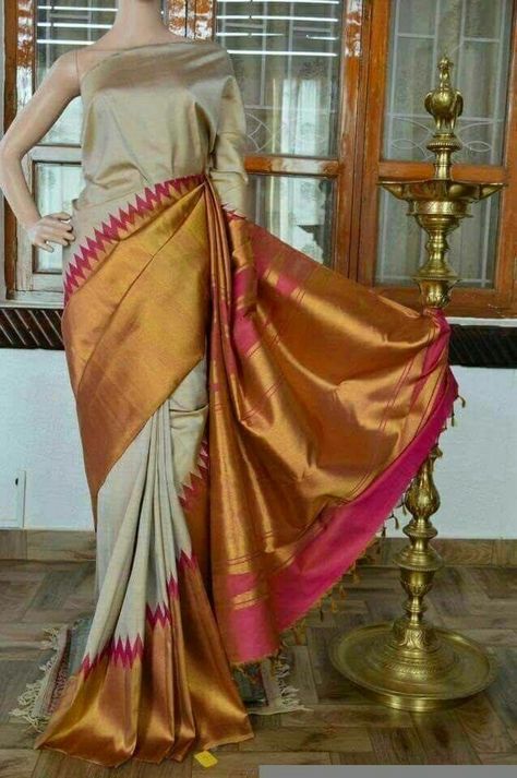 Pure Kanchipuram silk sarees handwoven with classic korvai temple design 14999+shipp Order what's app 7093235052 Oonjal Saree, Temple Border Silk Saree, Classy Saree, Maharashtrian Saree, Saree Model, Saree Ideas, Banaras Sarees, Kanjivaram Sarees Silk, Silk Sarees Online Shopping