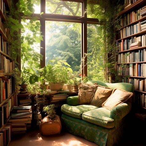 Green room. Bookshelf. Book love. Fantasy. Cozy place. Modern Cottagecore Home Decor, Cozy Library Room Aesthetic, Mystical Cottage Interior, Cottage Core Library Room, Library Room With Plants, Plants On Top Of Bookcase, Whimsical Garden Bedroom, Secret Garden Library, Forest Themed House