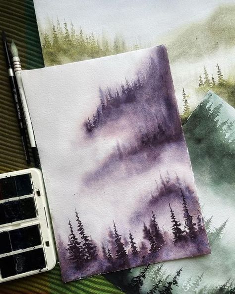 Granulating Watercolor, Watercolor Forest, Watercolor Tutorials, Landscape Watercolor, Diy Watercolor Painting, Forest Painting, Watercolor Paints, Diy Watercolor, Purple Watercolor