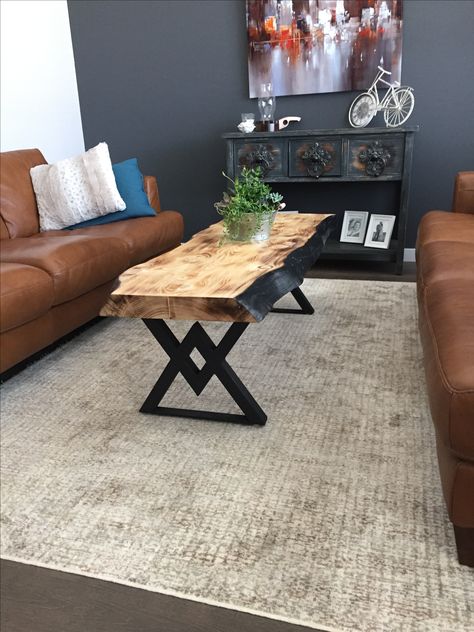 Live edge coffee table with metal legs. Torched wood top and edges. Coffee Table With Metal Legs, Diy Live Edge, Torched Wood, Torch Wood, Live Edge Coffee Table, Organic Wood, Metal Coffee Table, Coffee Table Wood, Live Edge