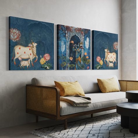 Transform your home into a sanctuary of peace and beauty with our exquisite Pichwai canvas painting. Featuring Lord Krishna with sacred cows and calfs in distinctive teal blue hues, this artwork brings more than just aesthetic appeal. It radiates tranquility, promotes a serene atmosphere, and invites positive energy into your living space. Pichwai paintings are known for their intricate details and spiritual significance, making them a perfect addition to your home decor. Elevate your interio... New Home Painting Ideas Canvas, Living Room Painting Designs, Room Decoration Painting, Aesthetic Painting On Wall, Indian Paintings For Living Room, Acrylic Painting For Home Decor, Wall Of Canvas Paintings, Best Canvas Paintings For Living Room, Teal Painting Ideas